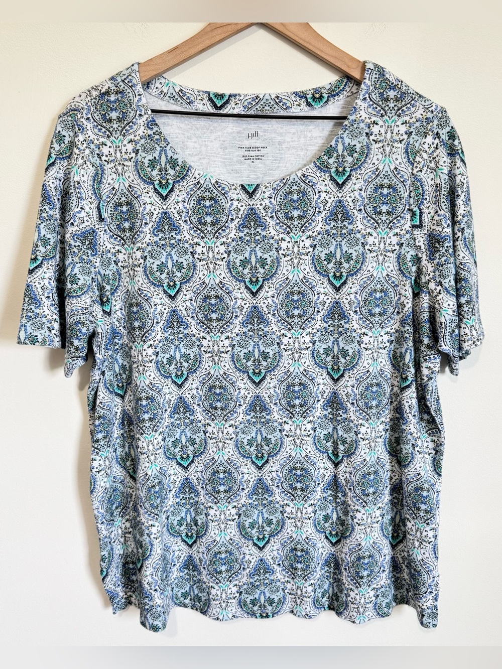 J Jill Pima Slub Scoop Neck Side Slit Tee Size XL Baroque Floral 100% Cotton